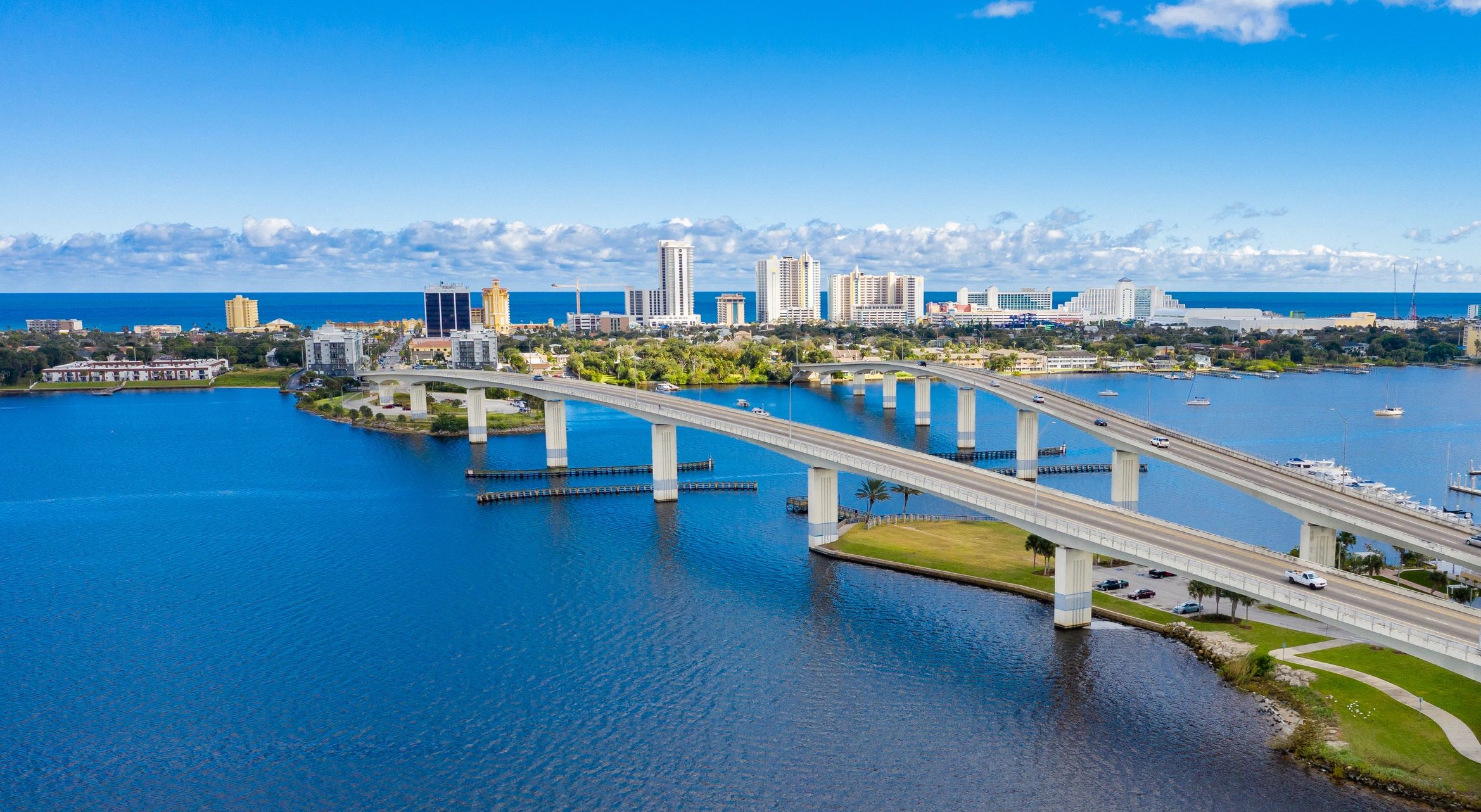 Florida skyline and waterway bridges at golden hour