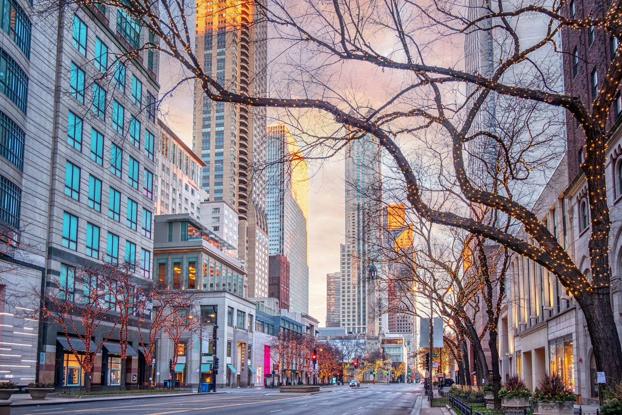 Chicago city street and skyline in morning light