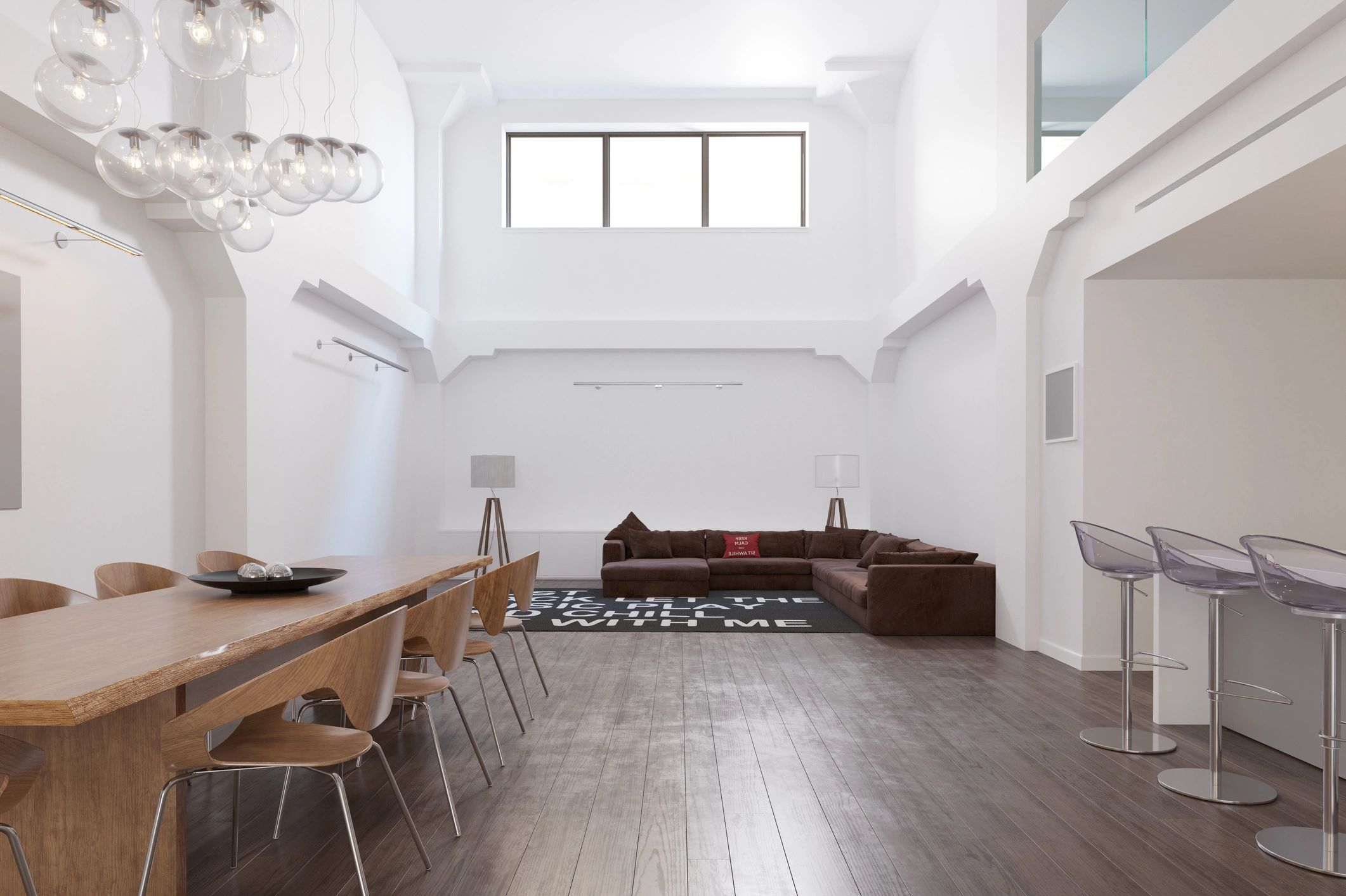Modern open-plan condo living room interior